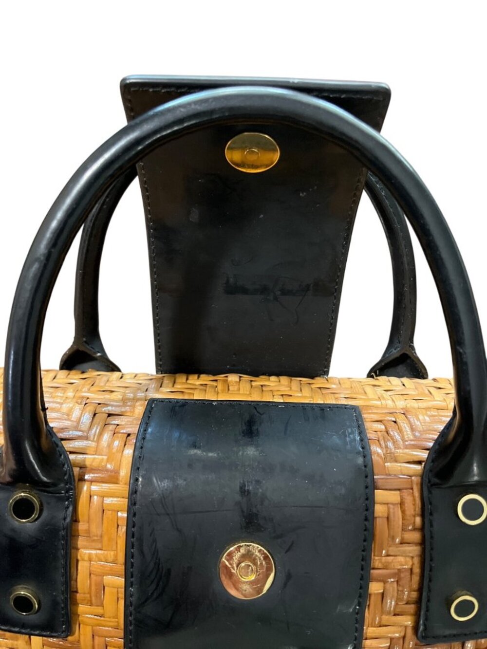 Vtg Monsac Woven Rattan Wicker & Black Leather Handbag Box Purse Top Handles - Picture 6 of 8